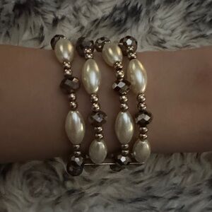 Elegant Pearl and Bronze Beaded Bracelet Set